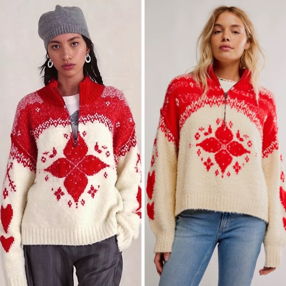 Free People Mythical Knit Sweater Red Cream Snowflake Small‎
